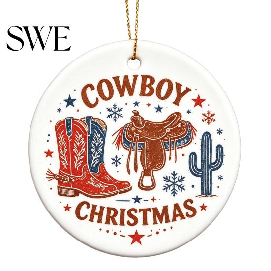Xmas Tree Hanging Ornaments Ceramic Christmas Ornament, 2D Double Sided Cowboy/Nutcracker/Holy Berry Living Room Wall Decor Ornament for Holiday Tree,