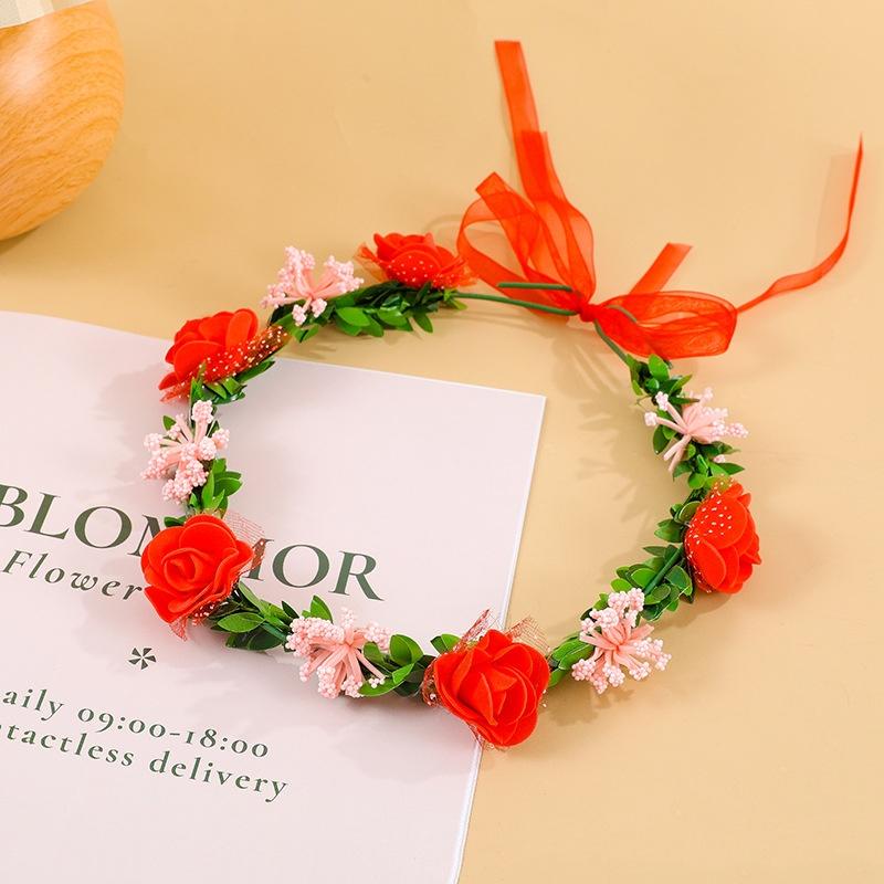 Ribbon Hairband Fabric Floral Hair Hoop Flower Wreath Headband Adjustable Artificial Rose Headband For Beach Parties Summer