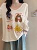Women's Apricot Dog Print Long-Sleeve T-Shirt - Cozy, Casual U-Neck for Autumn/Winter