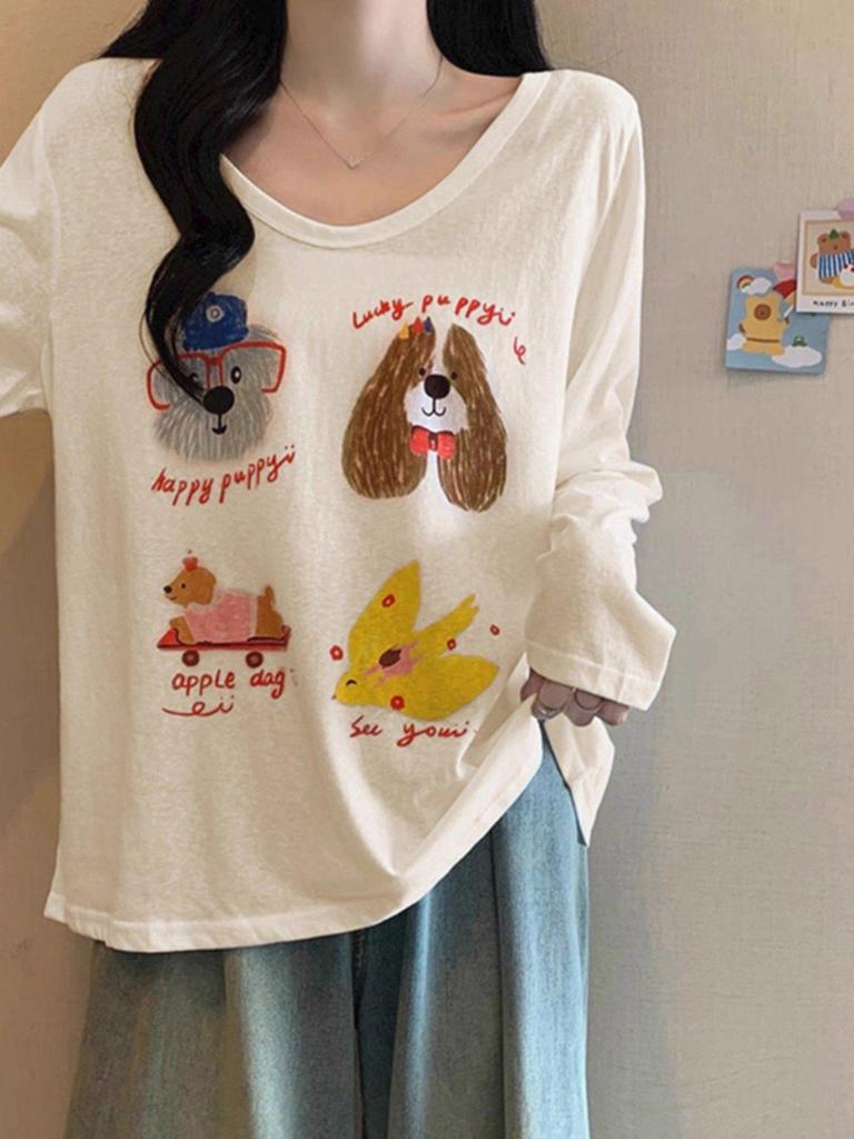 Women's Apricot Dog Print Long-Sleeve T-Shirt - Cozy, Casual U-Neck for Autumn/Winter