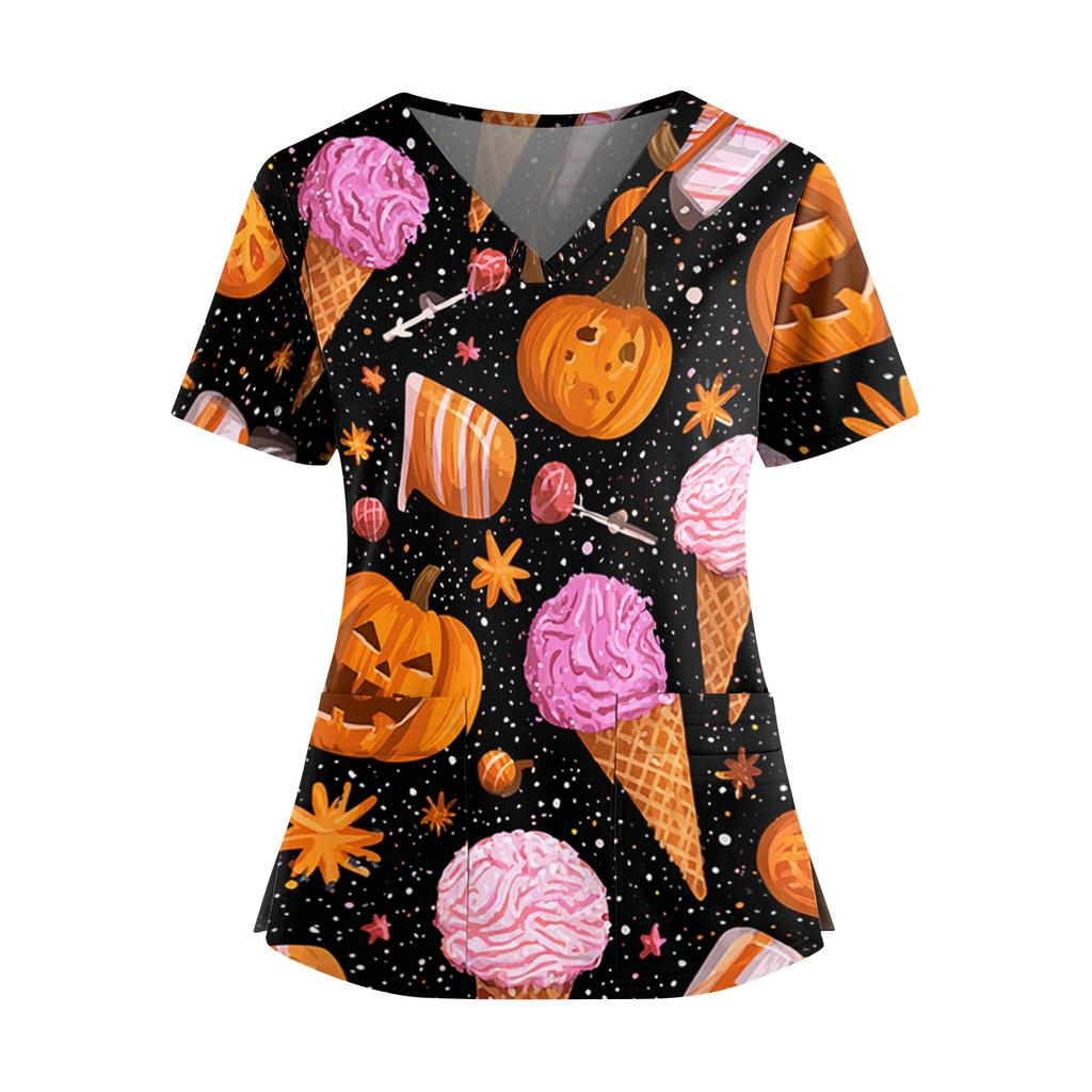 Haut d'uniforme d'infirmière à manches courtes et col en V avec imprimé Halloween, double poche et fentes latérales pour les professionnels de la santé