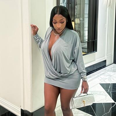 Ins Autumn and Winter New European and American Women's Clothing Fashionable and Sexy Spice Girls Deep V Long-sleeved Waist-wrapped Hip Short Dress