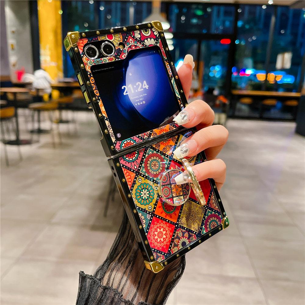 Blue-Ray Geometric Retro Palace Flower Case For Samsung Galaxy Z Flip 6 Ring Holder Bracket Shockproof Cover