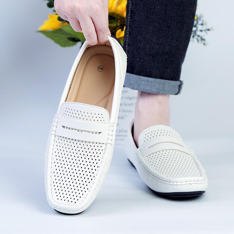 Plus Size 39-46 Summer White Hollow Out Penny Loafers Men Casual Shoes Man Moccasins Leather Slip On Flats Mens Driving Shoes