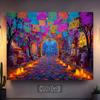 2D Mexican Day of the Dead Backdrop, Cemetery with Flags and Marigold Path Background