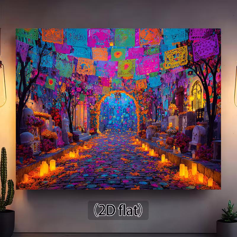 2D Mexican Day of the Dead Backdrop, Cemetery with Flags and Marigold Path Background