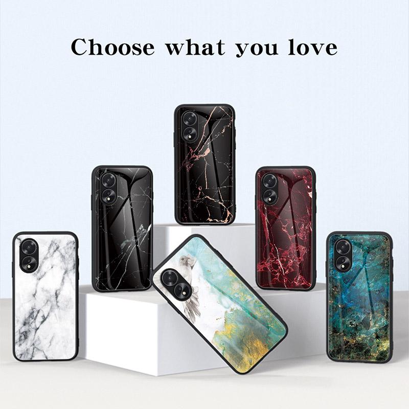 For Oppo A38 4G Case Marble Pattern Tempered Glass+PC+TPU Phone Back Cover