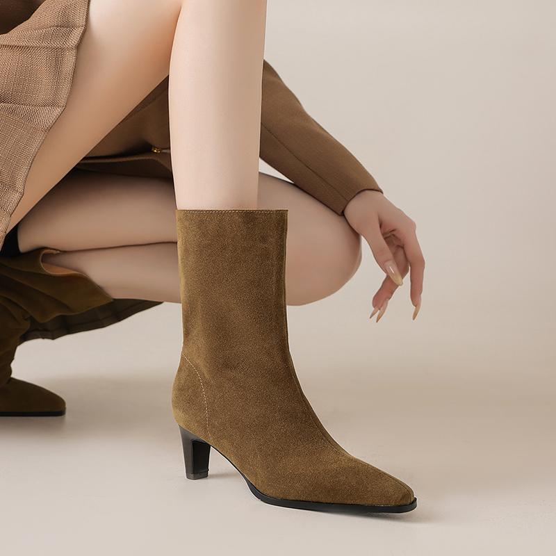 Fashion 2025 NEW Autumn Women Boots Square Toe Cow Suede Women Shoes Spike Heel High Heel Mordern Boots Daily Shoes Mid-calf Boots