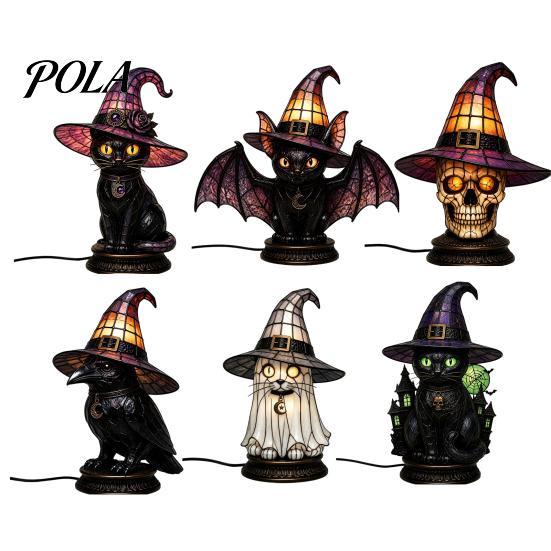 Decorative Bedside Lamp Stained Glass Witch Hat Lamp, Halloween Black Cat Ghost Raven Night Atmosphere Light for Movies Light, Gothic Retro