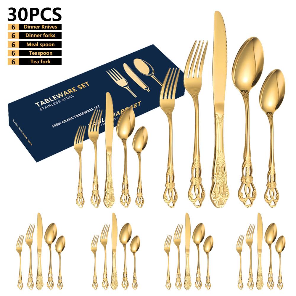 24pcs KuBac Luxury Golden Stainless Steel Steak Knife Fork Set Gold Cutlery Set With Luxury Wood Gift Box 16Pcs Drop Shipping