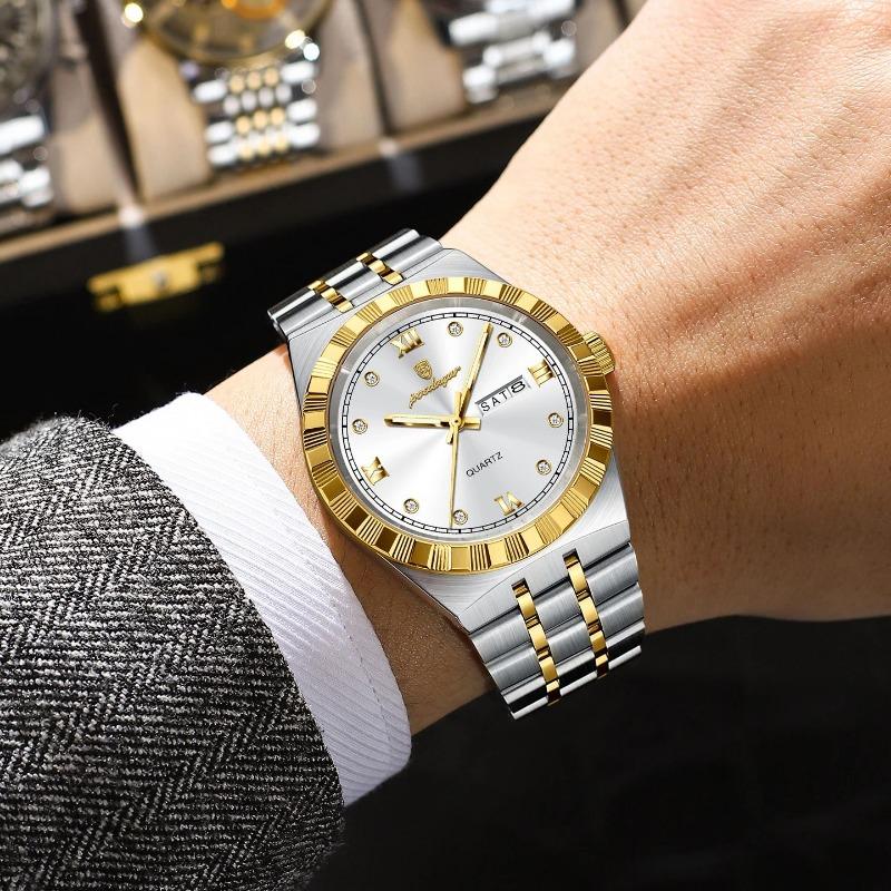 POEDAGAR Luxury Business Male Watch Waterproof Luminous Week Date Wristwatch Stainless Steel Trendy Quartz Watches for Men