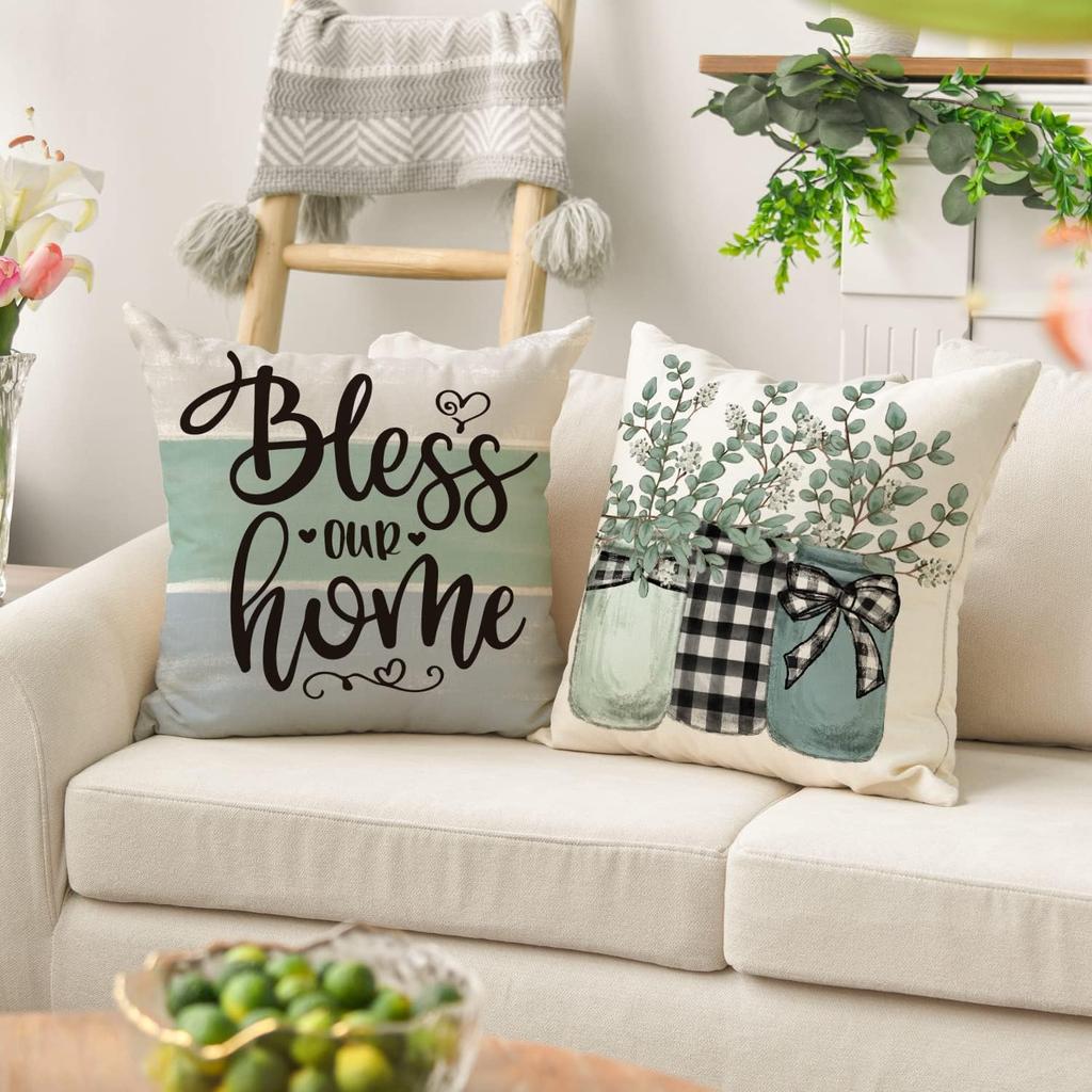 Spring Sweet Home Wreath Throw Pillow Covers, Bless Our Home Buffalo Plaid Cushion Case For Sofa Couch Set Of 4