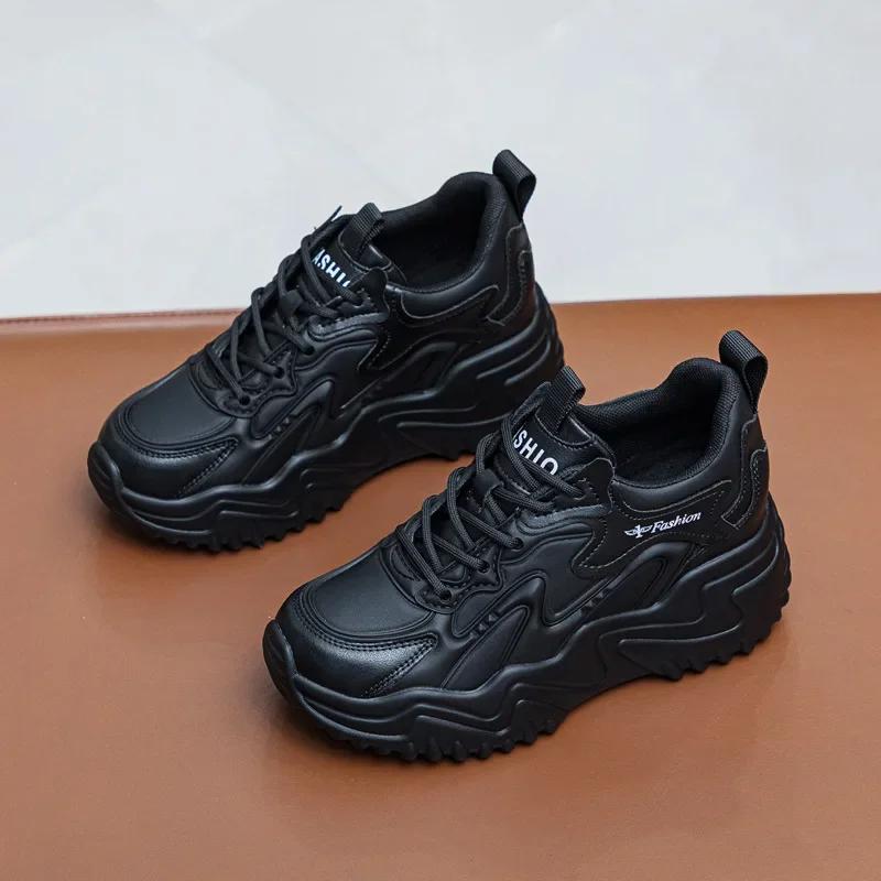 Fashion 8CM Women Platform Comfy Skate Boarding Autumn Chunky Sneakers Mixed Color Vulcanize Fashion Spring Genuine Leather Wedge Shoes