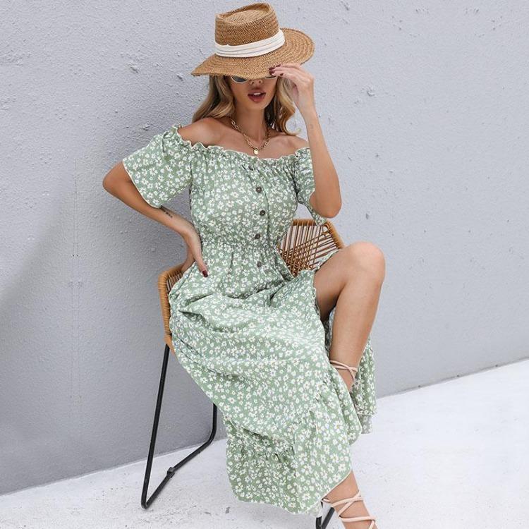 Vestido Casual de Verão Feminino Floral Cintura Alta Manga Curta Irregular Longo Decote Assimétrico S-XL