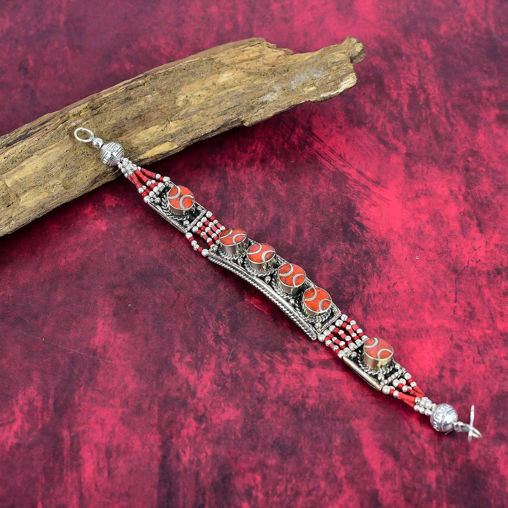 Rød Korall Håndlaget Edelstensarmbånd, 925 Solid Sterlingsølv Armbånd Antikke Nepalske Smykker, Til Forlovelsesgave