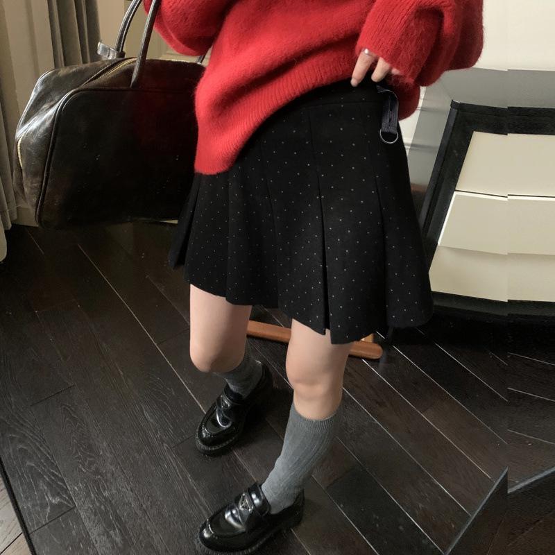 Maternity Woolen Polka Dot Pleated Skirt: Autumn/Winter Academy Style, Korean-Inspired, Versatile Short Skirt. 2XL чёрный