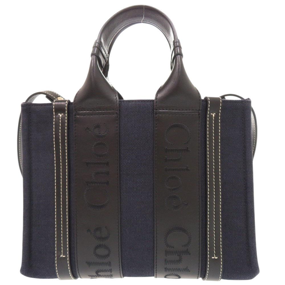 Used AUTHENTIC Chloe 2WAY Woody Small Tote Bag Hand Bag Navy/Black Leather