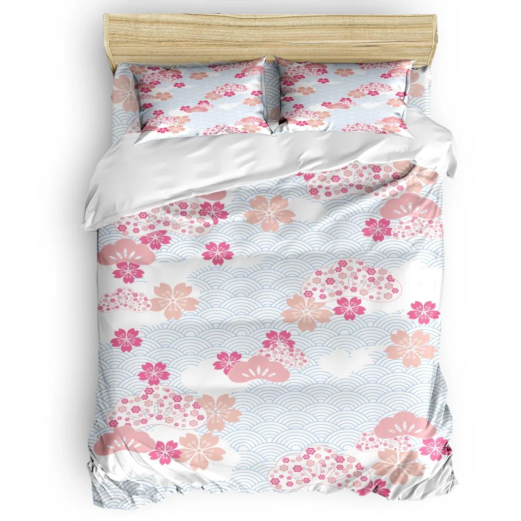 Set husă de plapumă roz pal, Ramură de Sakura cu flori de cireș Primăvară japoneză delicată, Set de lenjerie de pat decorativ din 3 piese, Mărime king