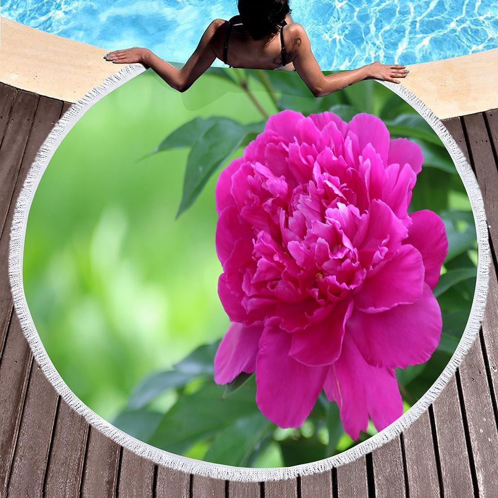 Botanical Peony Floral Round Beach Towel,Microfiber Sand Resistant Beach Blanket,Soft Absorbent Quick Dry Pool Towel Picnic Mat