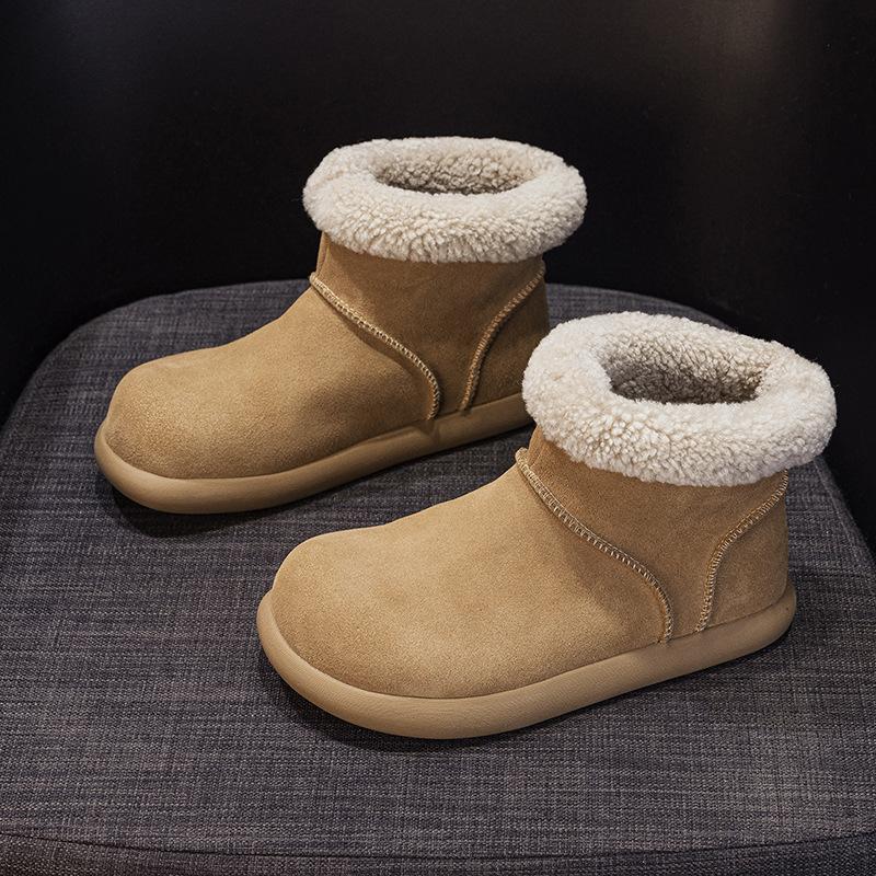 Small potato leather retro round head ugly cute short boots women's winter new velvet snow boots warm and thick
