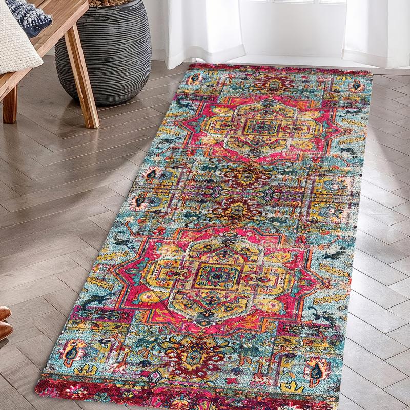 VIKAMA Bohemian Corridor Area Rug Vintage Pattern Corridor Balcony Floor Mat Anti-Slip Kitchen Bedroom Long Rug Home Decoration
