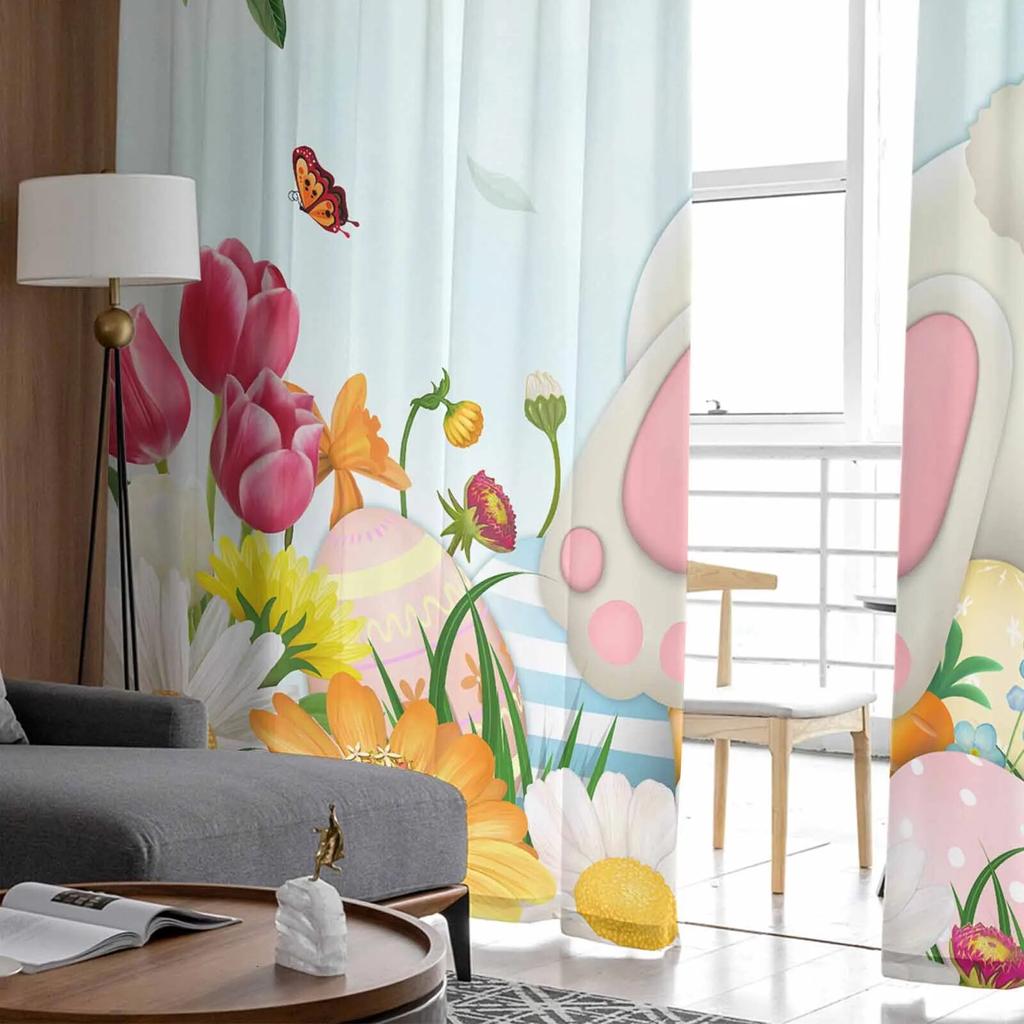 Easter Eggs Bunny Butt Flowers Leaves Sheer Curtains For Living Room Kitchen Window Curtains Bedroom Tulle Voile Curtains