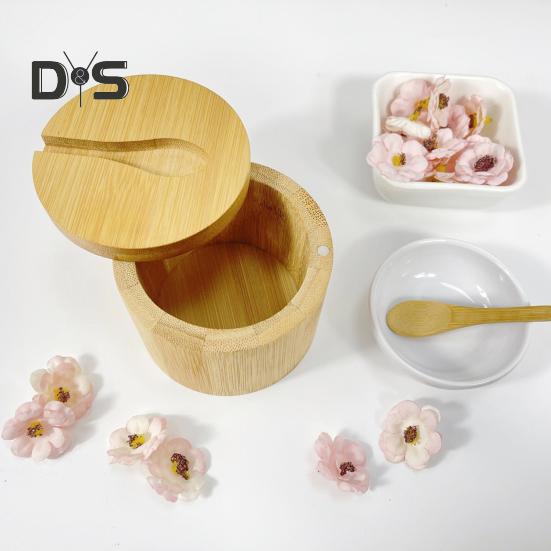 Bamboo Salt Cellar Seasoning Jar with Built-in Spoons Salt Container for Kitchen Swivel Lid Spice Box for Countertop