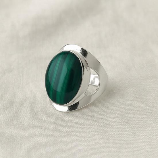 Green Malachite Signet Ring: 925 Solid Sterling Silver, Oval Gemstone Statement Ring