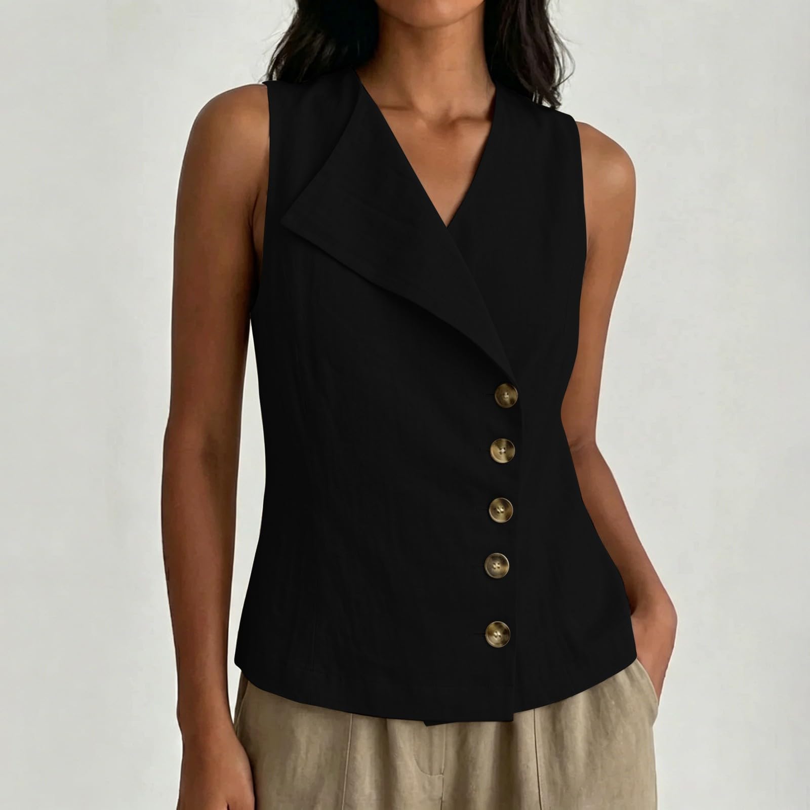 Women s Sleeveless Button Front Top V Neck Linen Blend Casual Blouse Lightweight Summer Shirt with Asymmetric Collar L