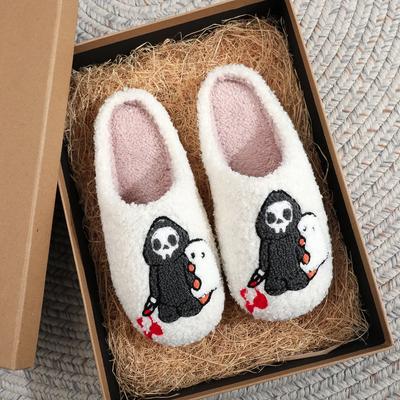 Fashion 2024 Halloween Skull Ghost Pattern Embroidery Cotton Slippers Men Women Platform Cozy Fur Slippers Warm Non-slip Indoor Slippers