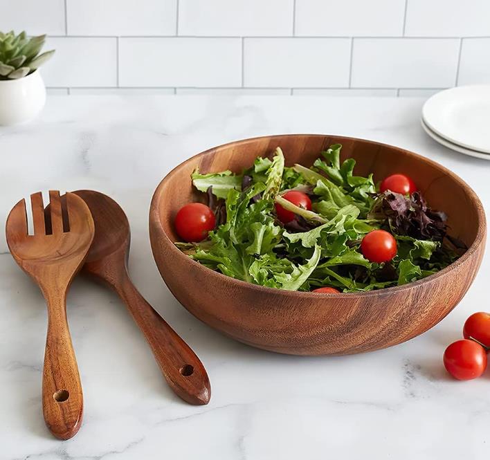 Large Wooden Salad Bowl, Acacia Wood Salad Bowl with Salad Tongs,  Round Fruit Serving Bowl Set for Mixing Fruits Cereal Pasta