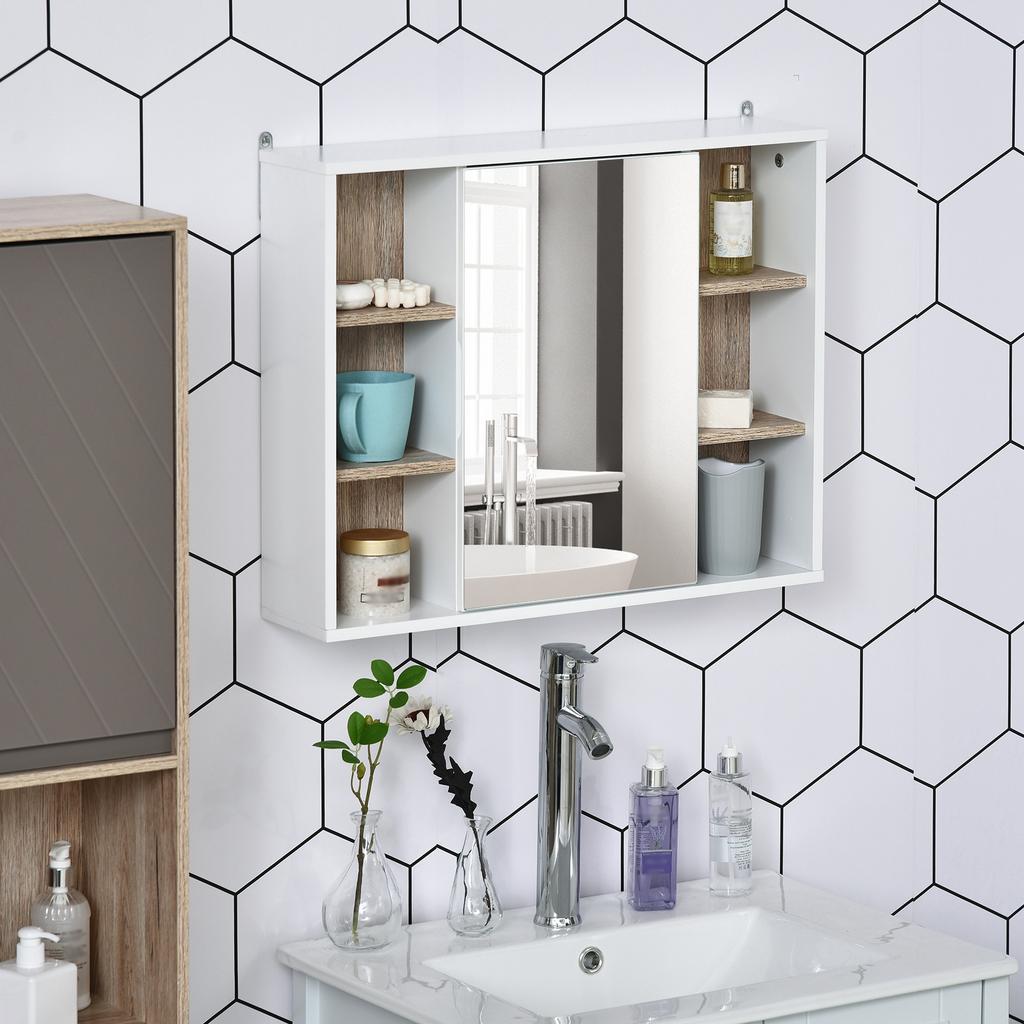 Bathroom Mirror Cabinet, Wall Mounted Storage Cabinet with Open Cupboard and Adjustable Shelf, White