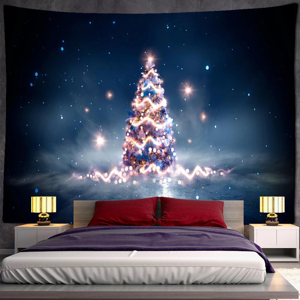 Night View Christmas Tree Tapestry Wall Hanging Holiday New Year Gift Dormitory Background Cloth Bed Curtain Home Decor