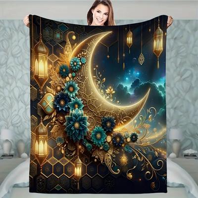 Ramadan Flannel Throw Blanket, Islamic Theme Soft Blanket for Sofa Office,All Season Prayer Shawl Gift, Digital Print Home Decor