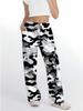 Women's casual wide-leg pants in black, white and gray camouflage pattern in a comfortable, loose fit