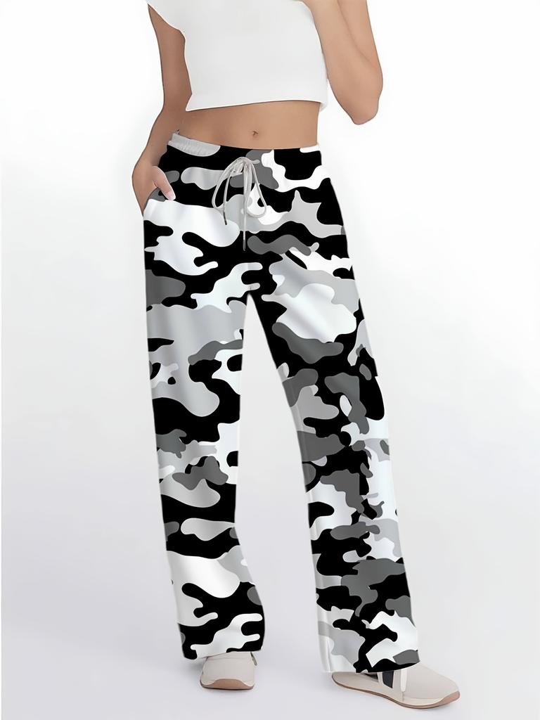 Women's casual wide-leg pants in black, white and gray camouflage pattern in a comfortable, loose fit
