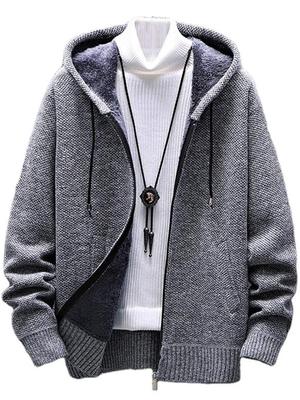 [LUXIA FILL] Knit Hoodie, Gray, Size L, Loose Fit, Oversized, Solid Color, Zip-Up, Hooded, Long Sleeves, Fleece Lined, Stylish, Warm, Casual, Hoodie,