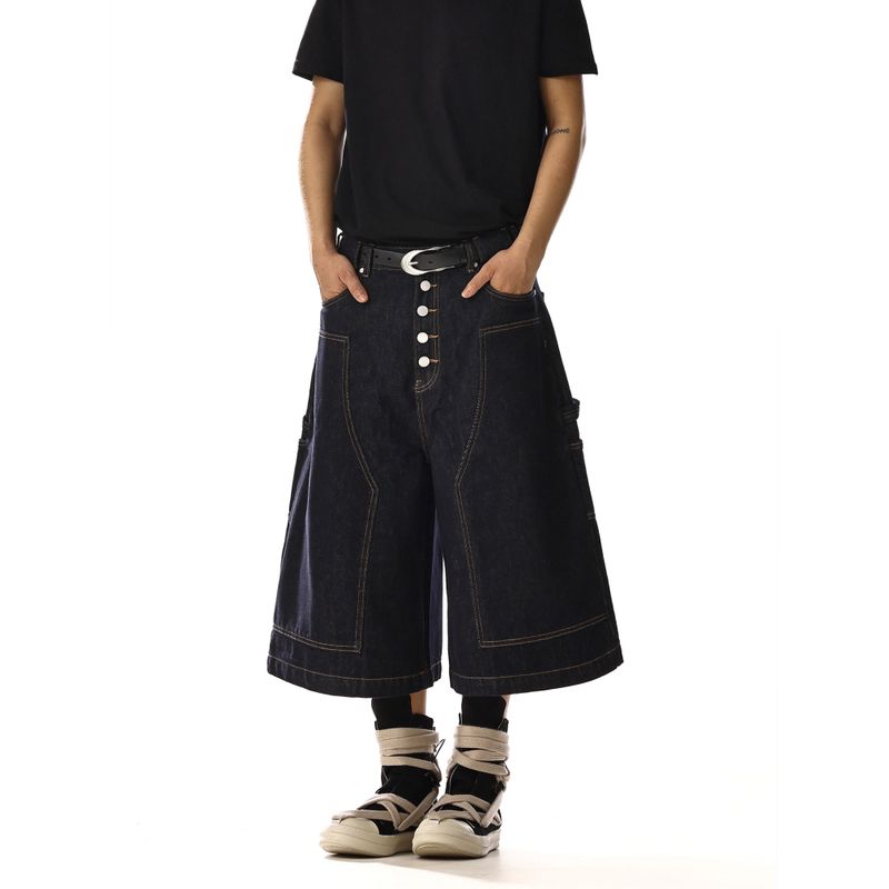 

American Retro Washed Lumberjack-Style Denim Shorts for Men and Women, Loose-Fitting Wide-Leg Straight Cargo Capri Pants with a Sense of Design Black X L