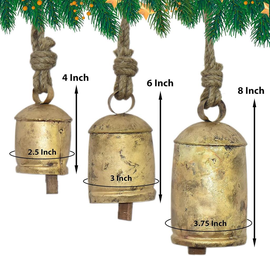 Large Rustic Gold Metal Hanging Bells Set, Handmade Vintage Cowbells for Farmhouse Christmas Decor and Boho Wall Art 4,6,8" (3-Piece)