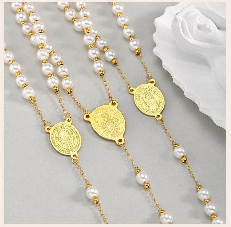 Collane Rosario con Perle e Croce per Donne, Collana Vergine Maria, Collana a Catena Y Crucifisso Cattolico Anti-appannamento