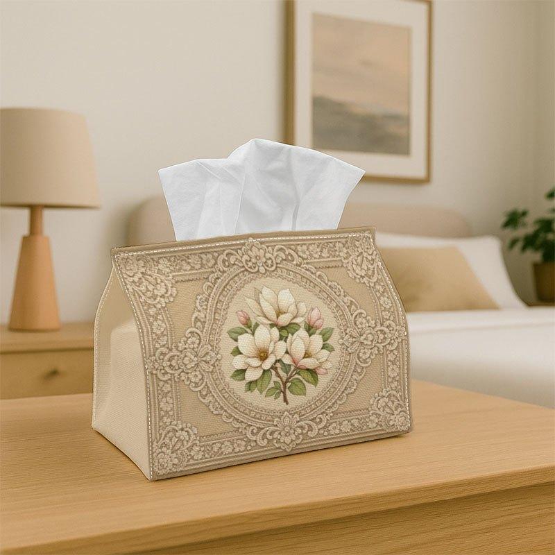 1pc Classic Magnolia Botanical Tissue Box - White Flower Beige Elegant Durable Decorative Storage Organizer for Kitchen, Living Room, Bedroom, Car And