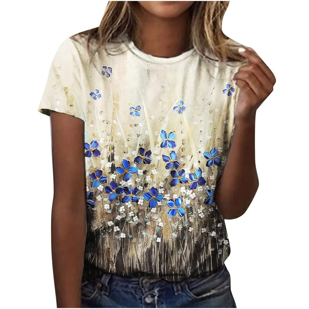 2026 New Summer Temperament Women's Sunrise Printed Women's T-shirt Round Neck Short Sleeve Street Casual Daily Basic Tops