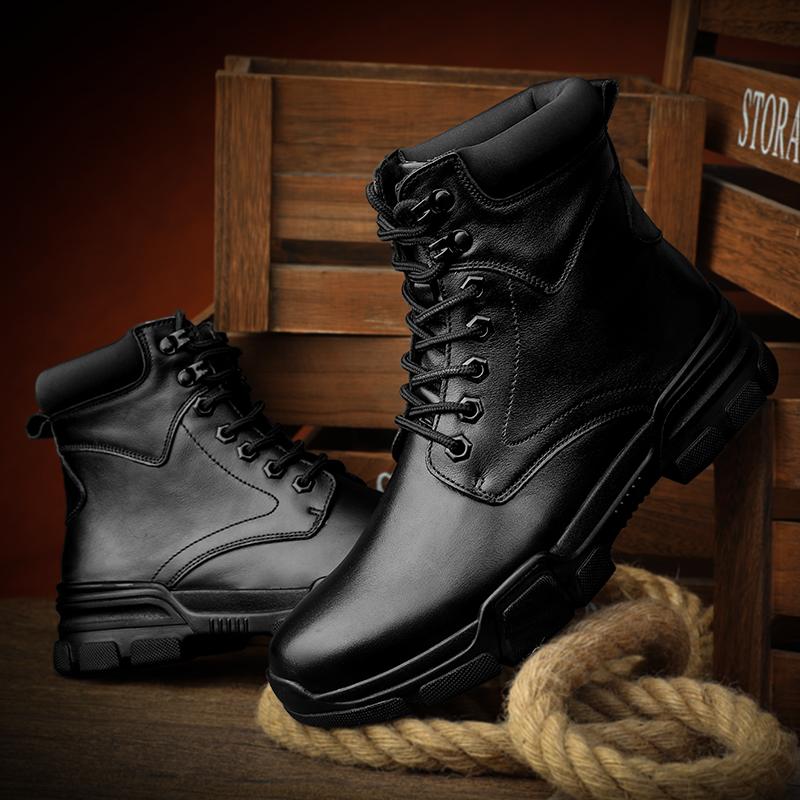 Genuine Leather Men Boots Thick Bottom  Tactical Boots Black All-Match Casual Boots for Men Shoes Design Motorcycle Boot
