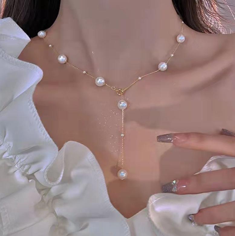 Pearl Y-shaped necklace Gypsy one, multi-wear stacked fringed collarbone chain, new sweater chain for women