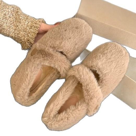 Inner Height Increase 5cm Plush Wool Shoes Women's 2025 Winter New One-word with Mink Thick-soled Versatile Casual Wool Cotton