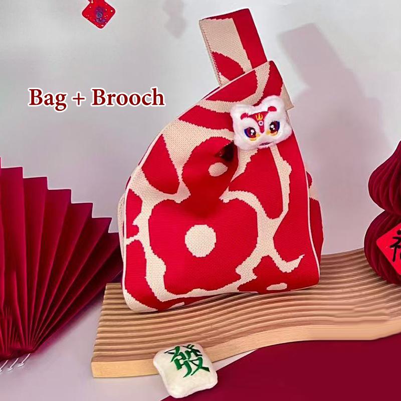 2026 New Year Cartoon Mascot Pony Knitted Gift Bag Handheld Candy Bag Large Capacity Knot Wrist Bag Cute Reusable Shopping Bags
