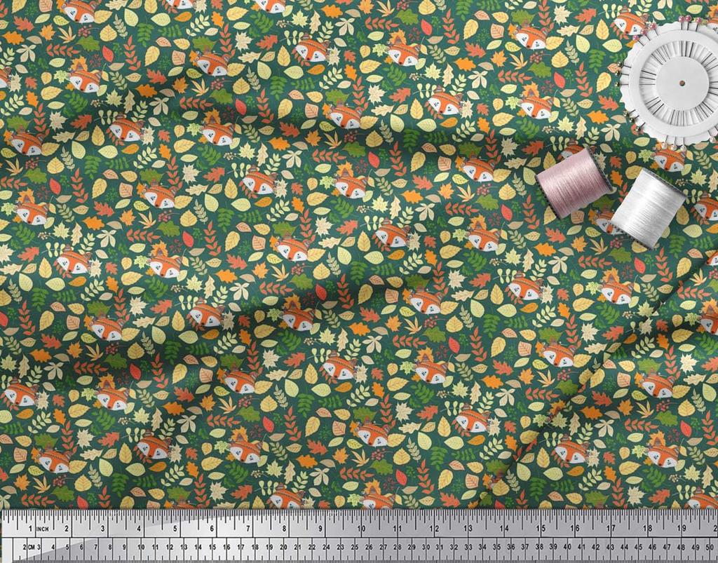 Soimoi Japan Crepe Satin Fabric Leaves & Fox Face Cartoon Printed Craft Fabric by the Metre 42 Inch