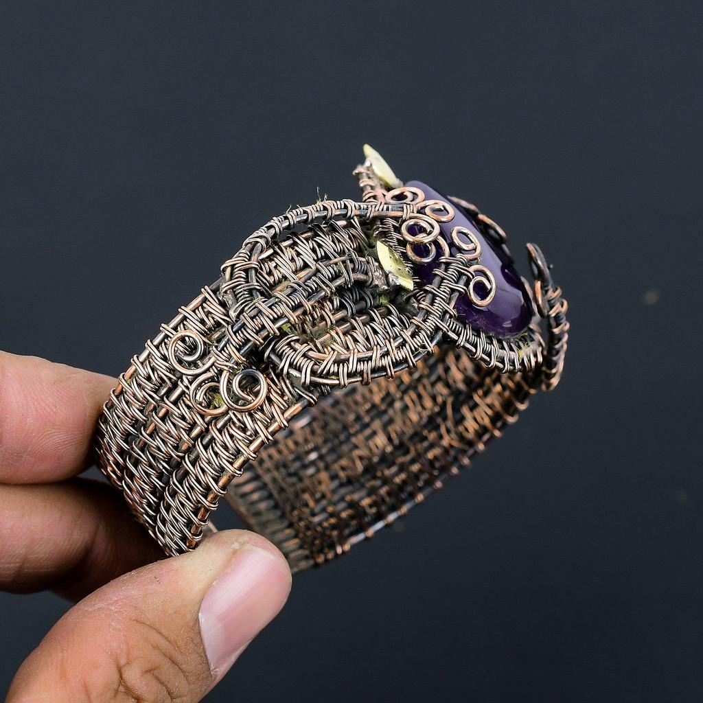 Ametist Ädelsten Handgjord Koppartråd Wrap Smycken Justerbart Armband för Hennes
