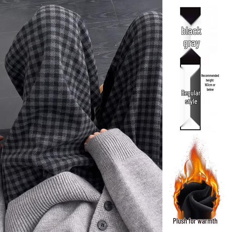 Women's Retro Plaid Wool Fleece-Lined Wide-Leg Pants - Casual Loose Fit for Autumn and Winter