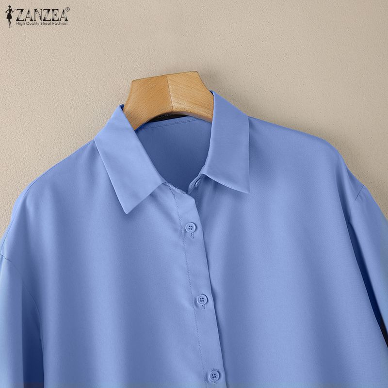 ZANZEA Blusa Casual para Mujer con Cuello Solapa Dobladillo Asimétrico Manga Larga Holgada